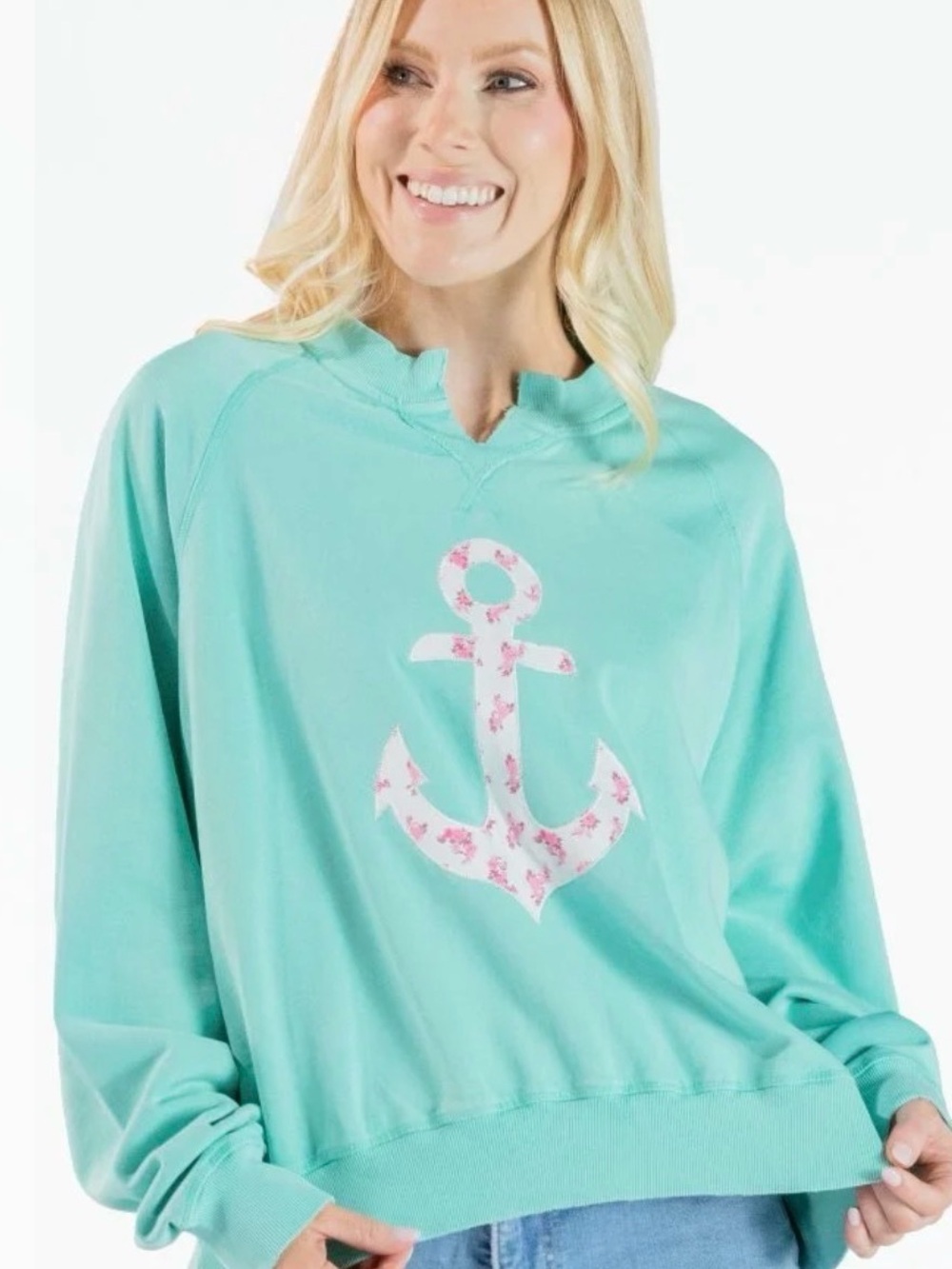 NWT Simply Southern Floral Anchor Mint Pullover Sweatshirt - Sz L Women Soldout